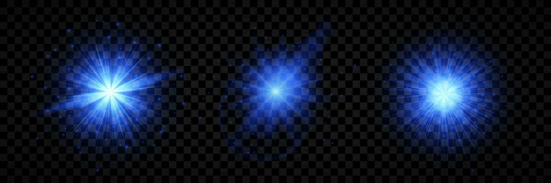 Light effect of lens flares. Set of three blue glowing lights starburst effects with sparkles on a background. Vector illustration