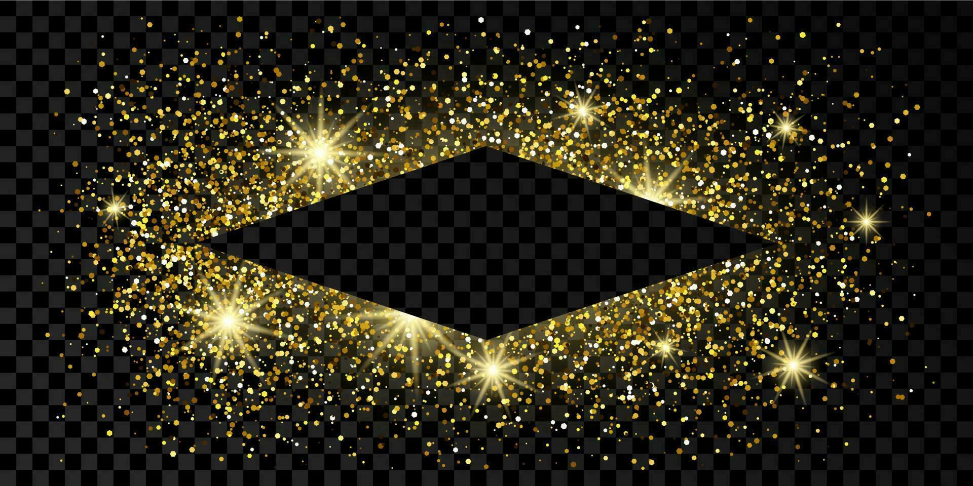 Golden rhombus frame with glitter, sparkles and flares on dark background. Empty luxury backdrop. Vector illustration.