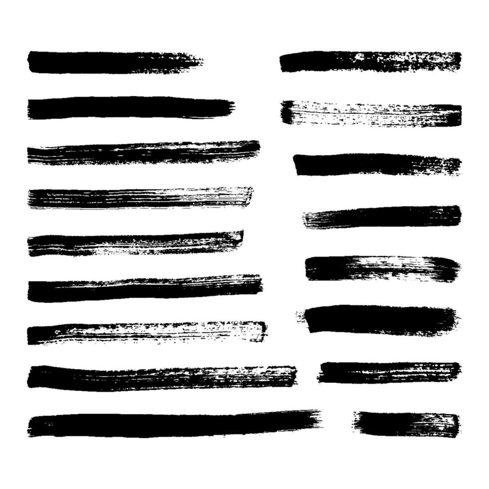 negro grunge cepillo trazos conjunto de de diecisiete pintado tinta rayas. tinta Mancha aislado en blanco antecedentes. vector ilustración