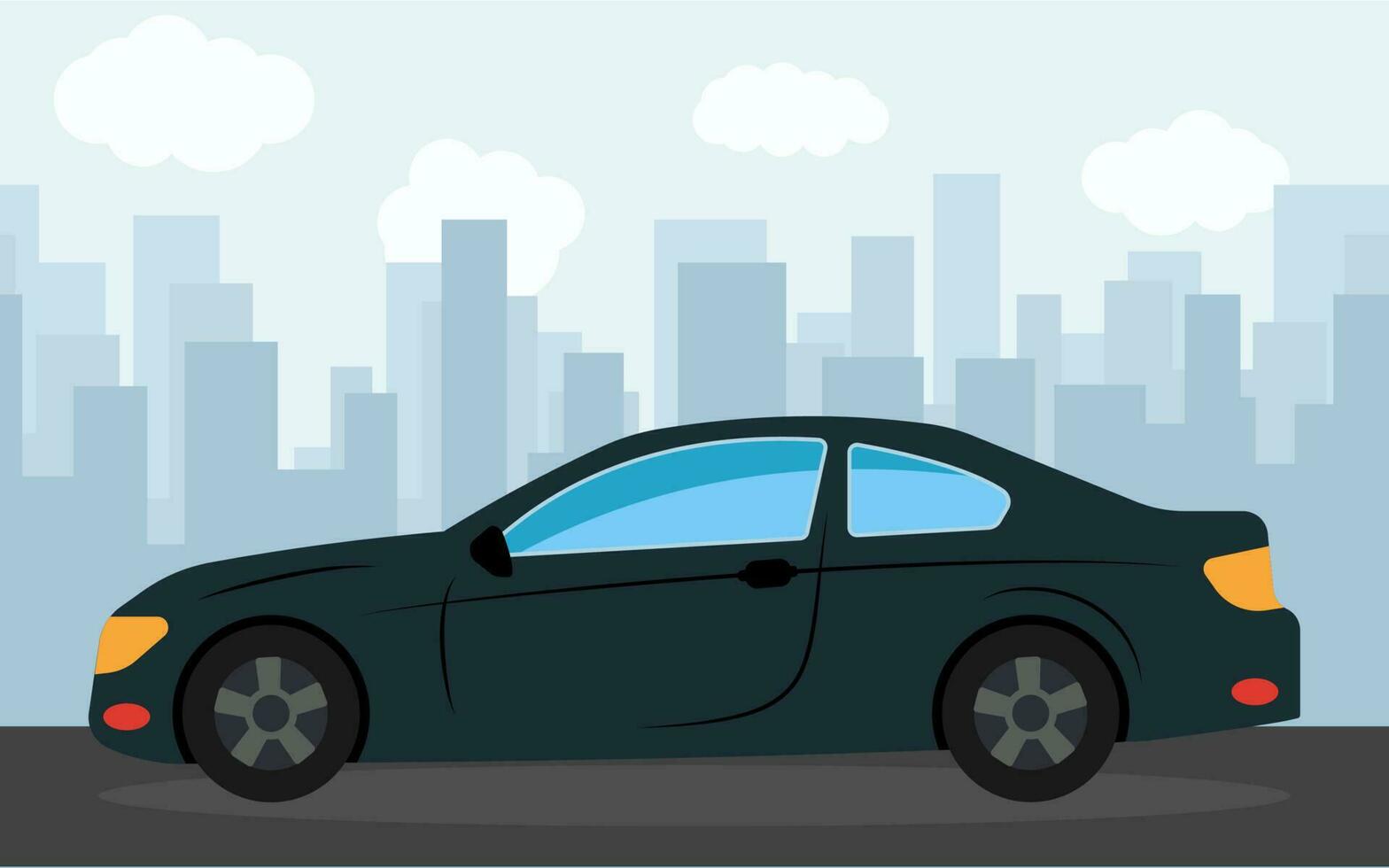 Black sports car in the background of skyscrapers in the afternoon. Vector illustration.