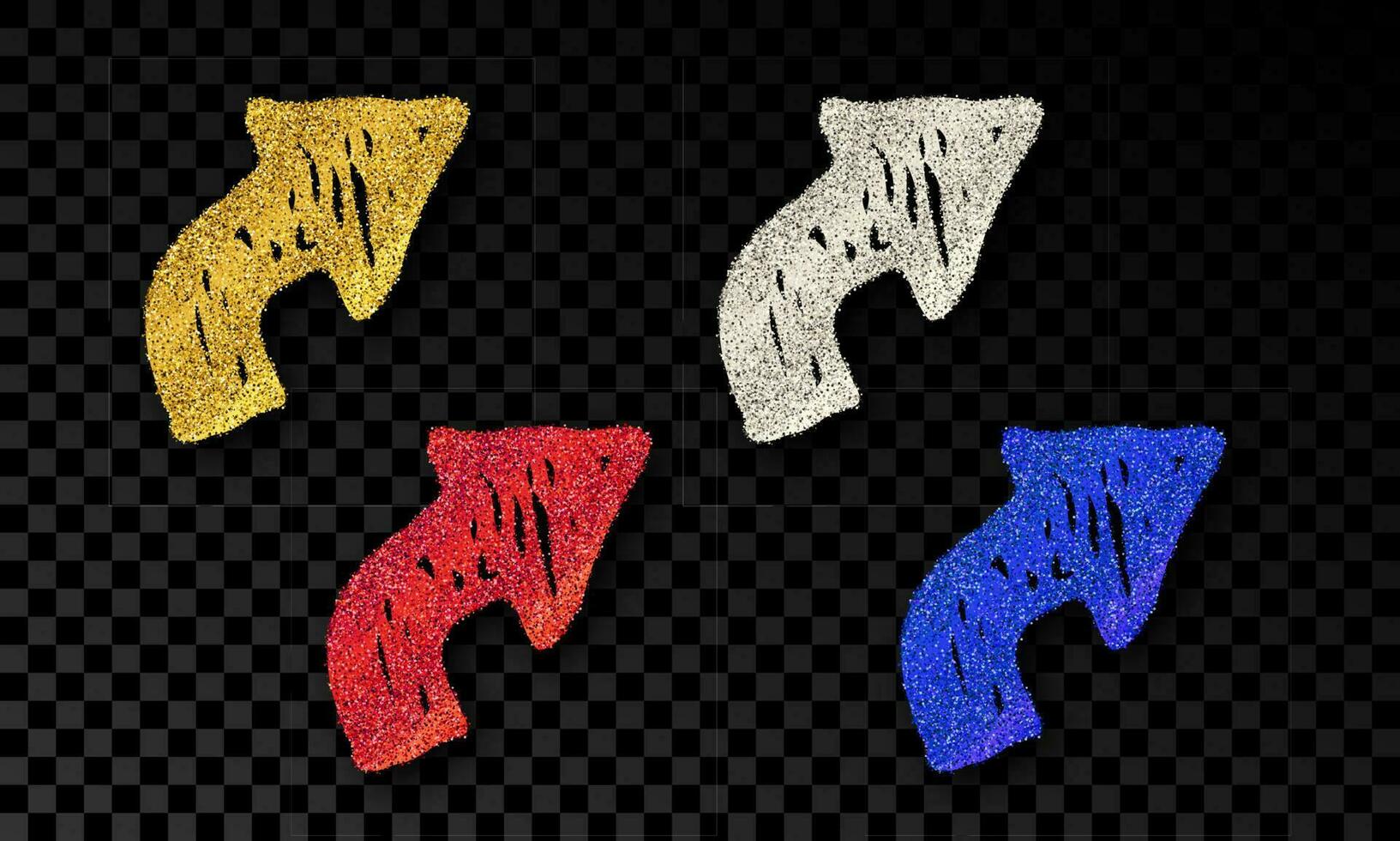 conjunto de cuatro garabatear mano dibujado flechas con oro, plata, azul y rojo Brillantina efecto en oscuro vector