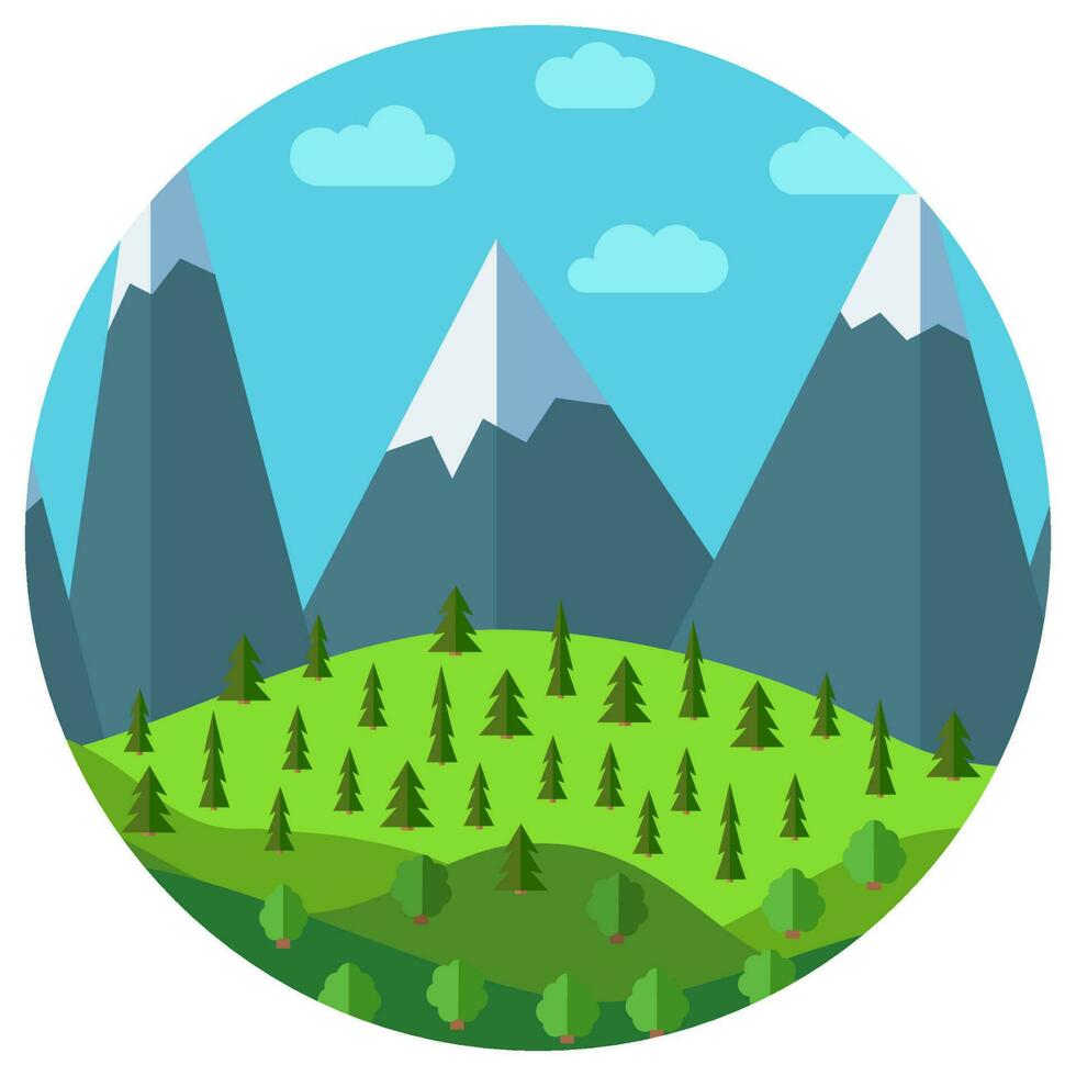 vector dibujos animados montaña paisaje en círculo. natural paisaje en el plano estilo con azul cielo, nubes, árboles, colinas y montañas con nieve en el picos