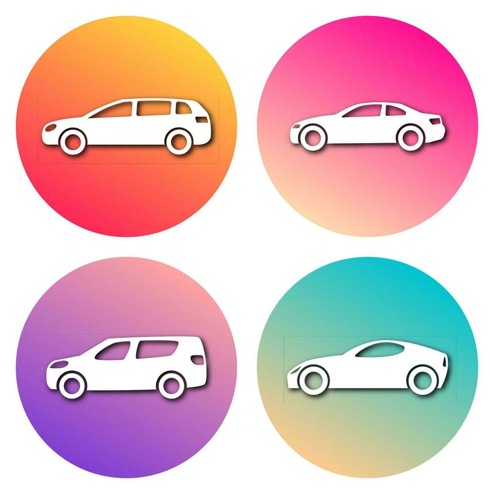 Set of four white cars in circle with modern gradient and shadow. Vector illustration