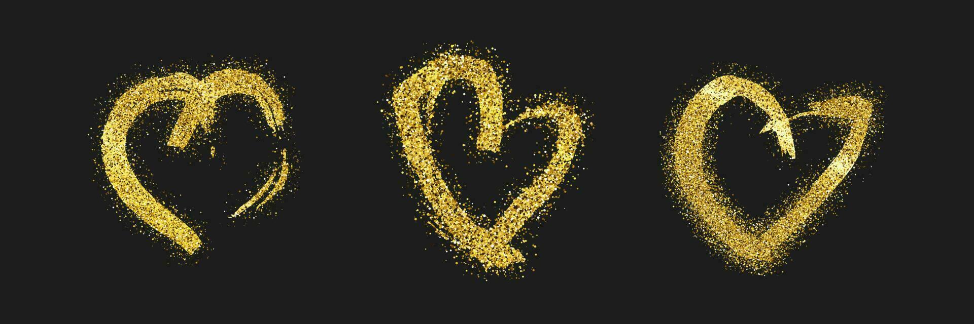 Set of three gold glitter doodle hearts on dark background. Gold grunge hand drawn heart. Romantic love symbol. Vector illustration.