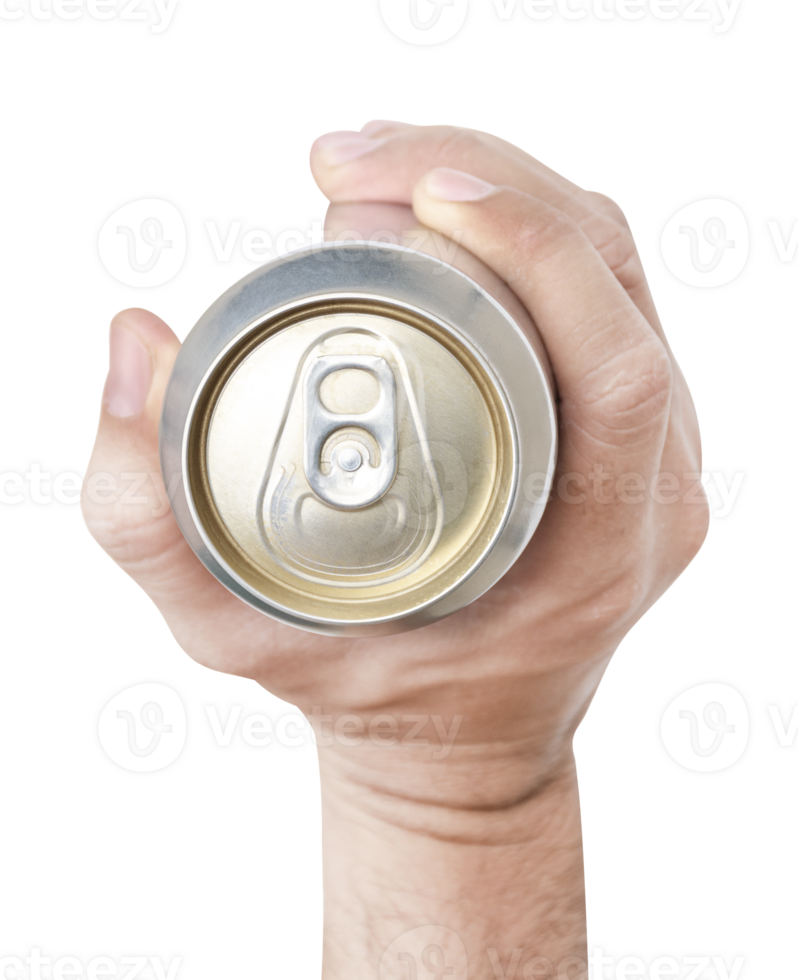 Top view hand hold mockup shiny aluminum can png