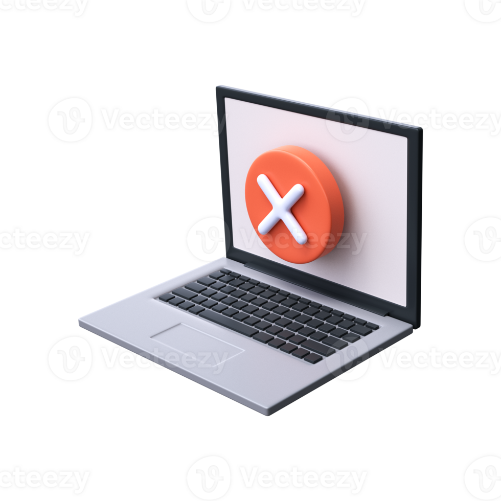 3d laptop and x sign. Laptop with cross sign, error or cancel on monitor screen. png