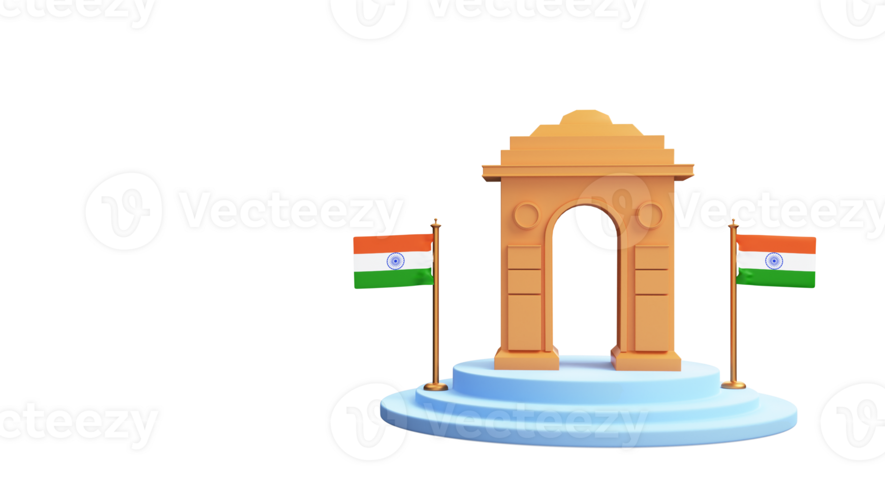 3D Render Of India Gate Monument With National Flags Over Podium Element. png