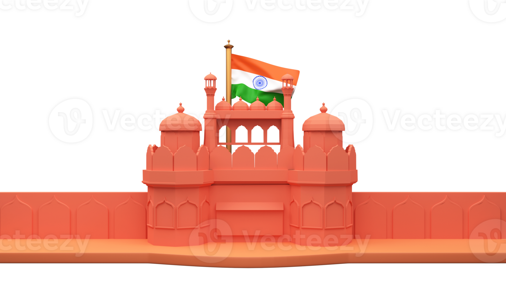 3D Render Of India Flag Behind Red Fort Monument Element. png