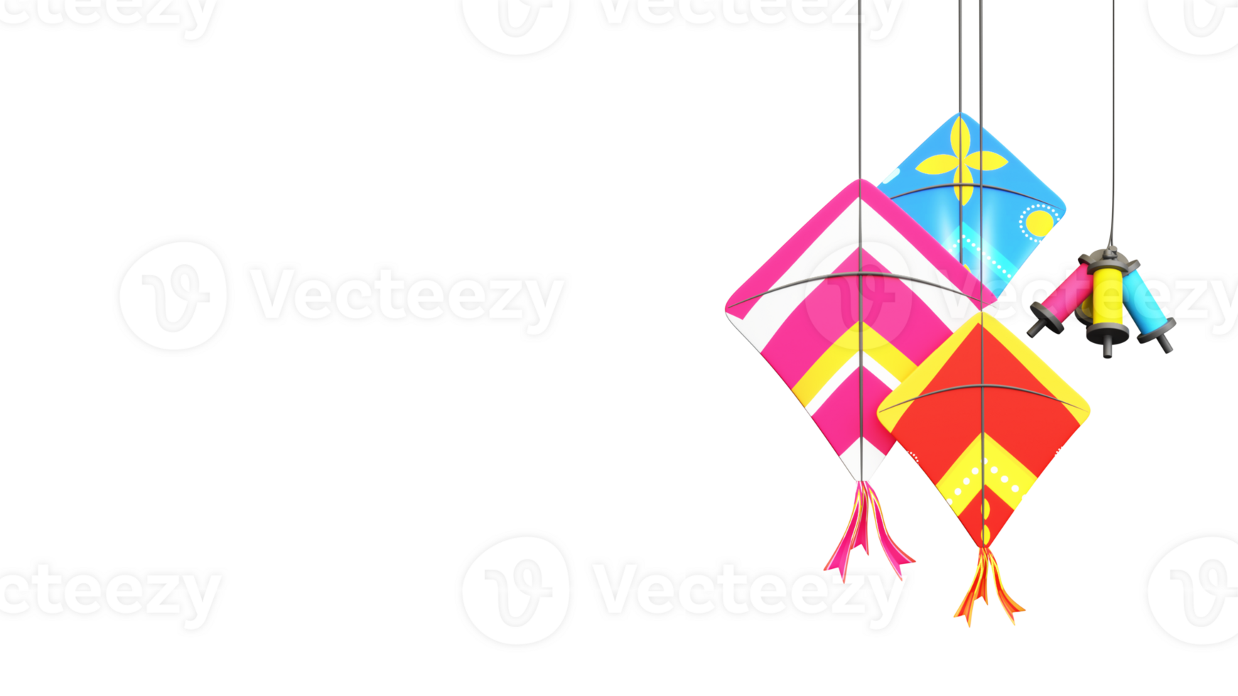 3D Render Of Colorful Kites With String Spools Hang Element. png