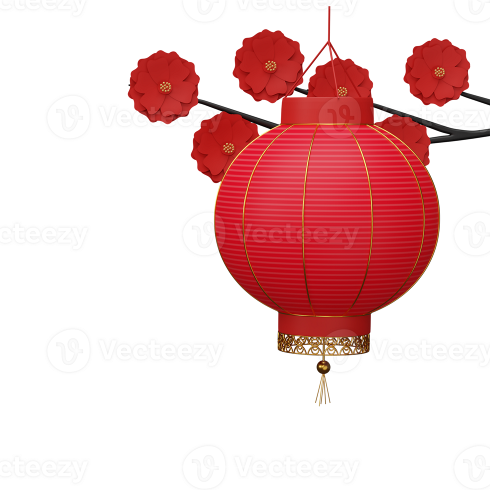 3D Render Chinese Lantern Hang With Sakura Branch Element In Red And Golden Color. png