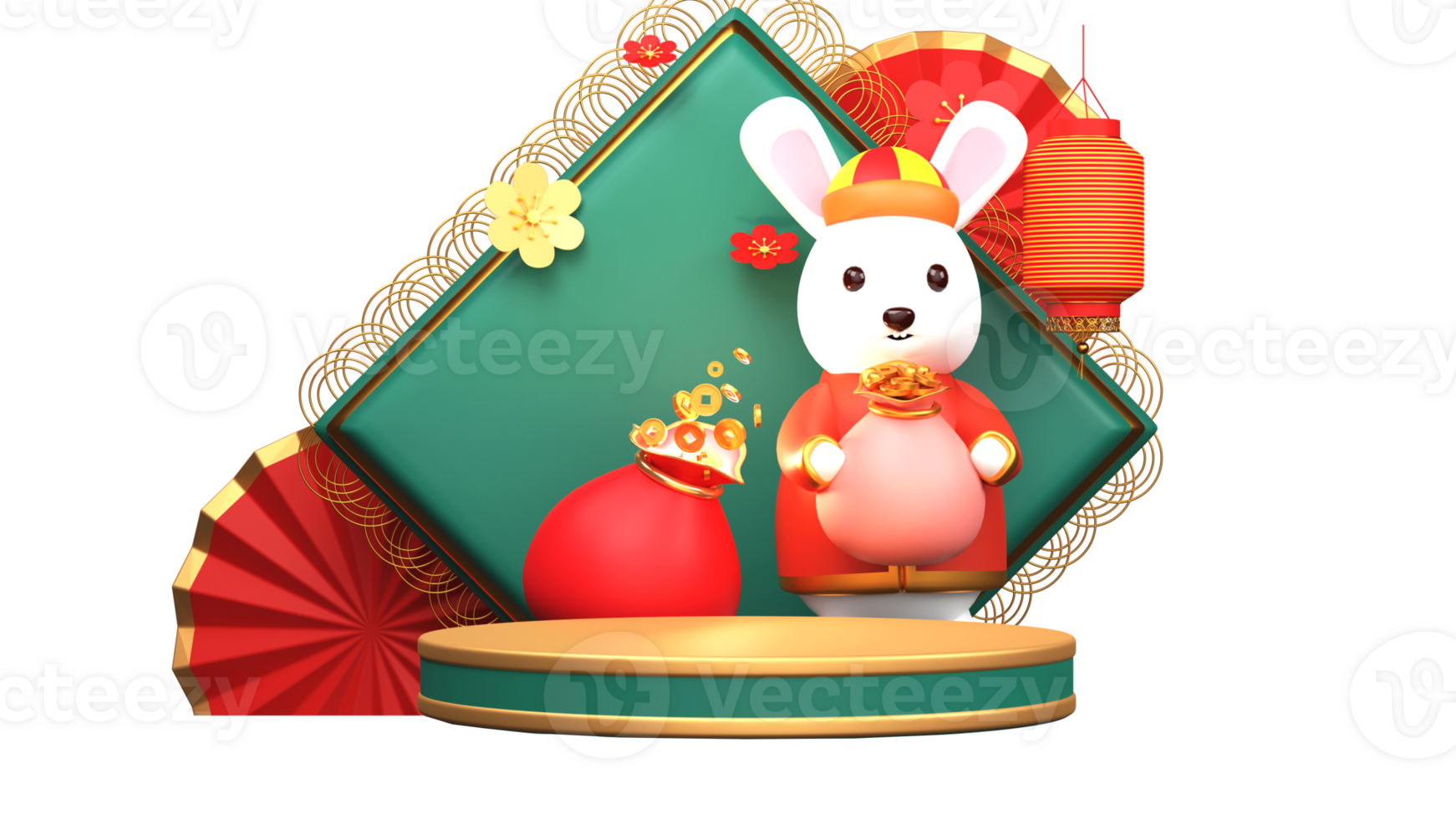 3D Render Of Cartoon Rabbit Holding Treasure Sack With Chinese Festival Elements, Empty Podium And Rhombus Frame Element. png