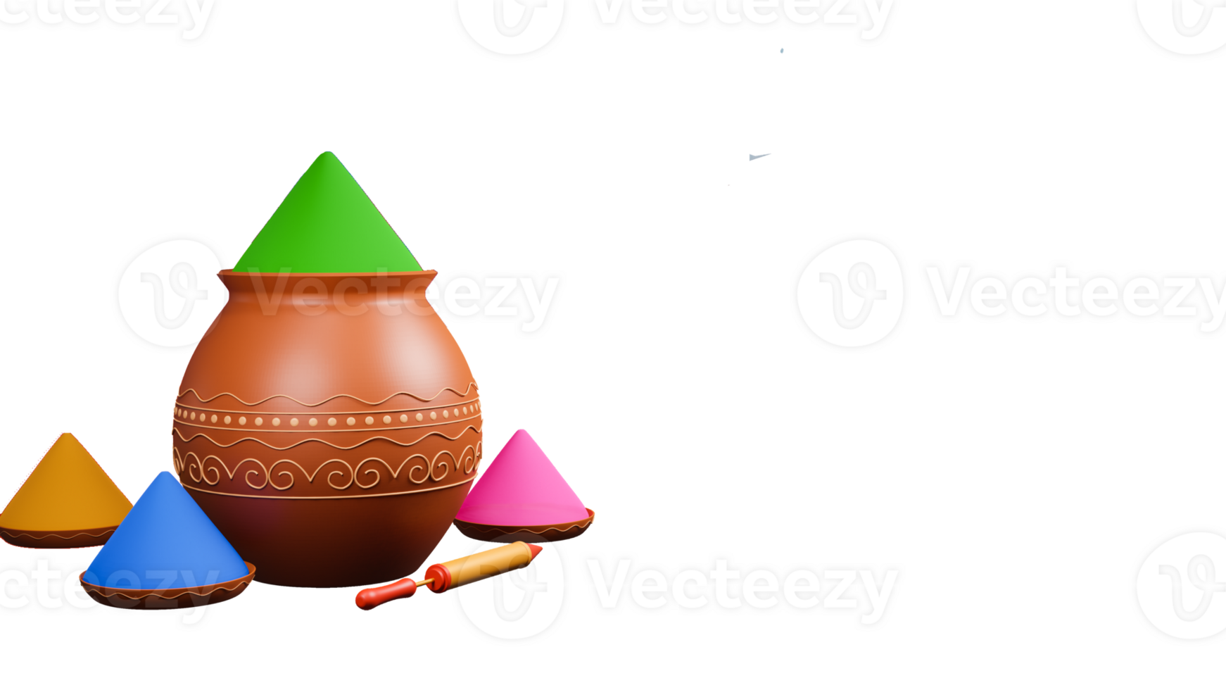 3D Render Holi Festival Elements As Color Powder In Clay Pot, Plates And Water Gun. png