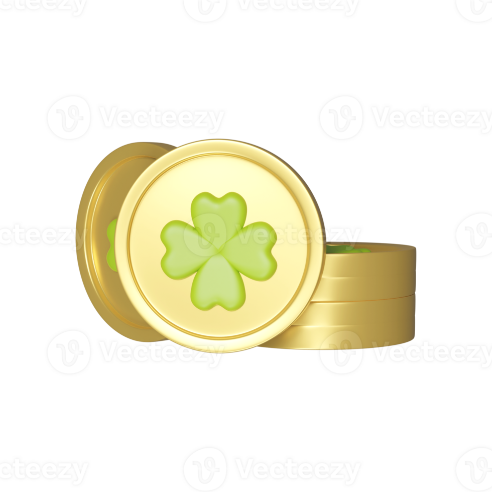 3D Render Clover Coin Stack Element In Green And Golden Color. png