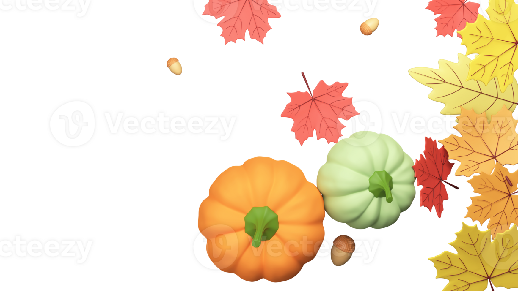 Top View Of 3D Render Pumpkins With Acorn, Autumn Leaves Decorated Background And Copy Space. png
