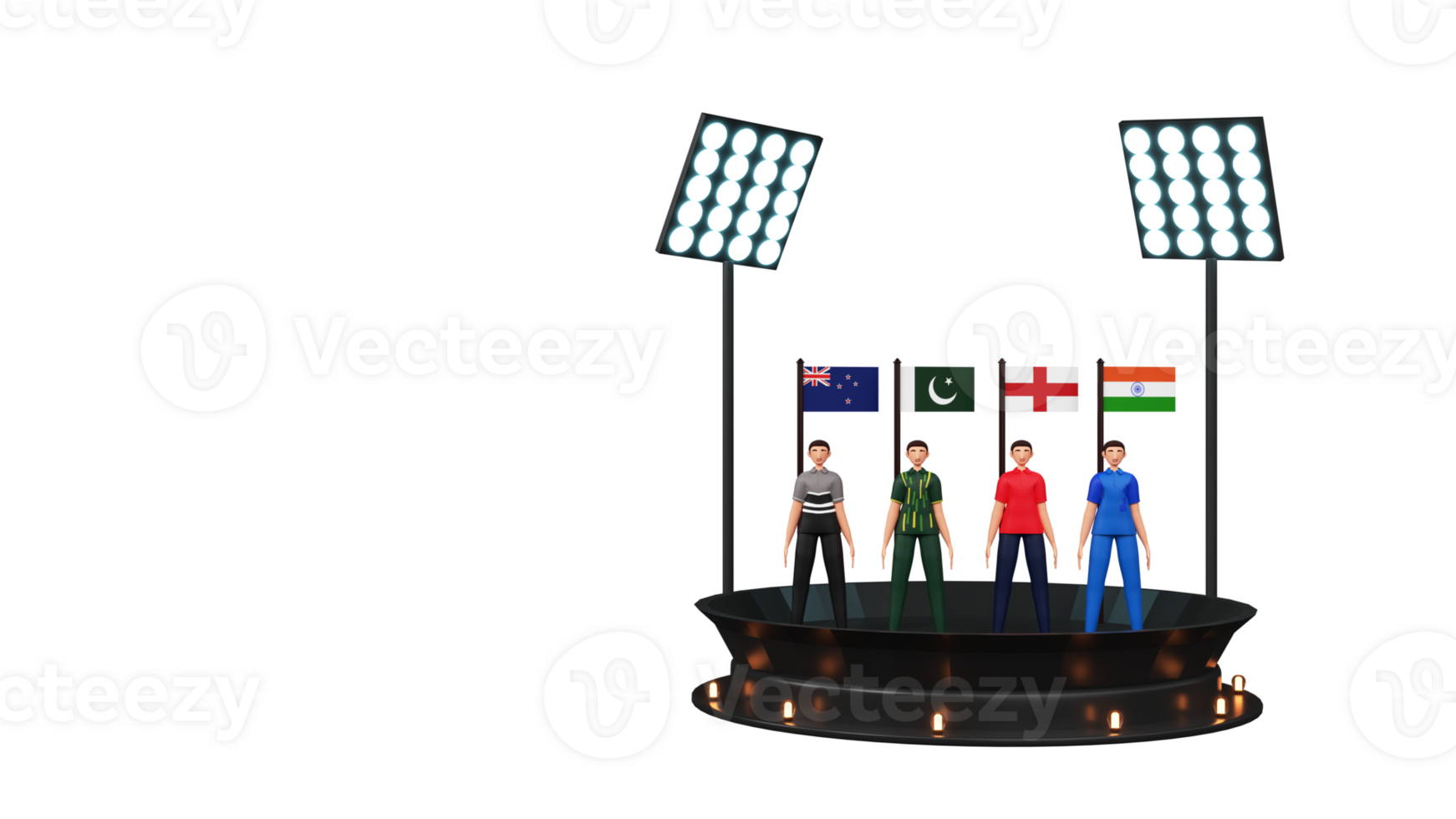 3D Render Of Cricket Team Players Standing With Their National Flag As New Zealand, Pakistan, England, India On Stage And Stadium Lights. png