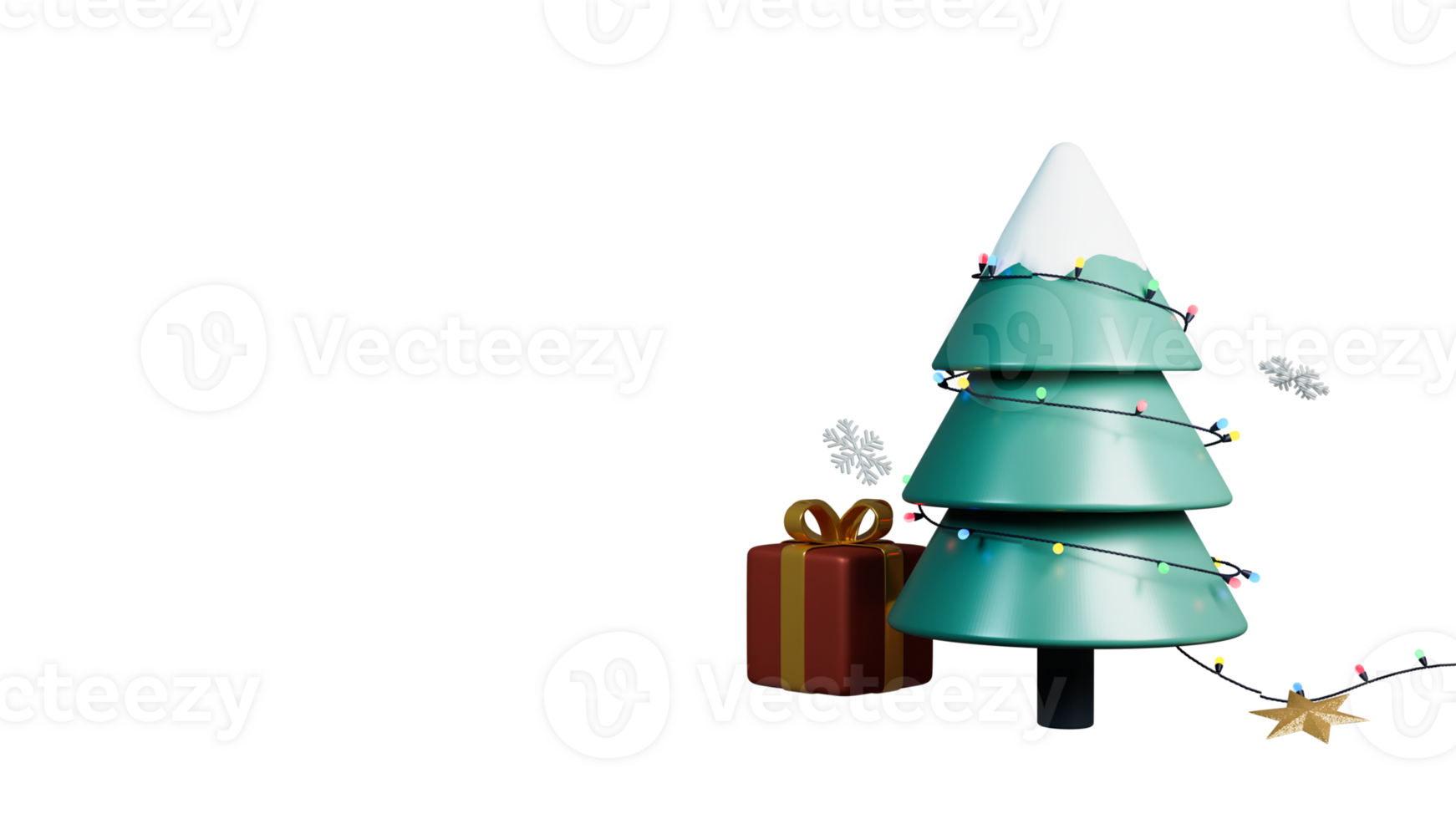 3D Render Xmas Tree Decorated By Lighting Garland With Gift Box, Star, Snowflakes And Copy Space png