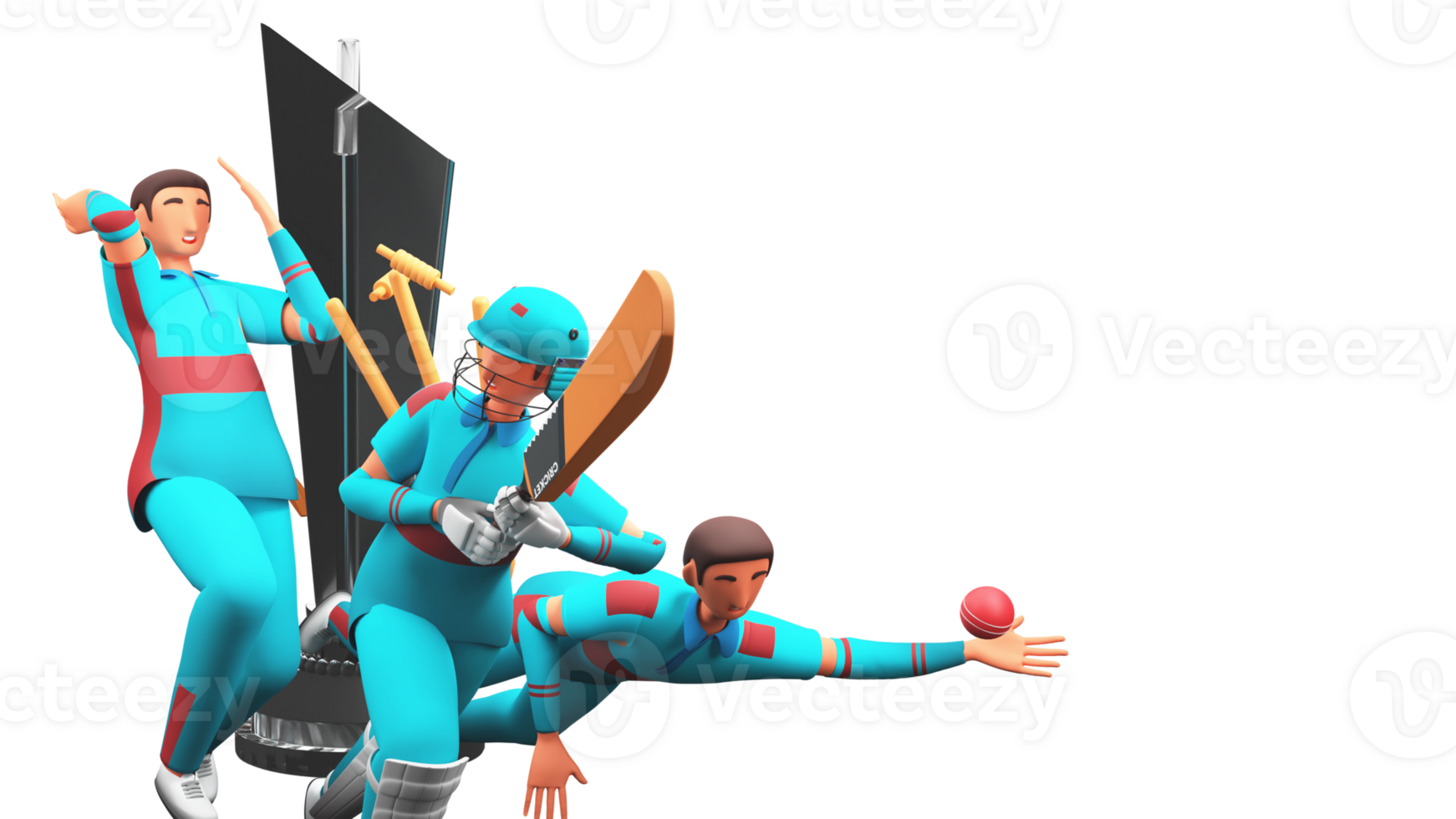3D Illustration Of Cricket Players In Different Poses With Silver Winning Trophy Cup And Copy Space. png