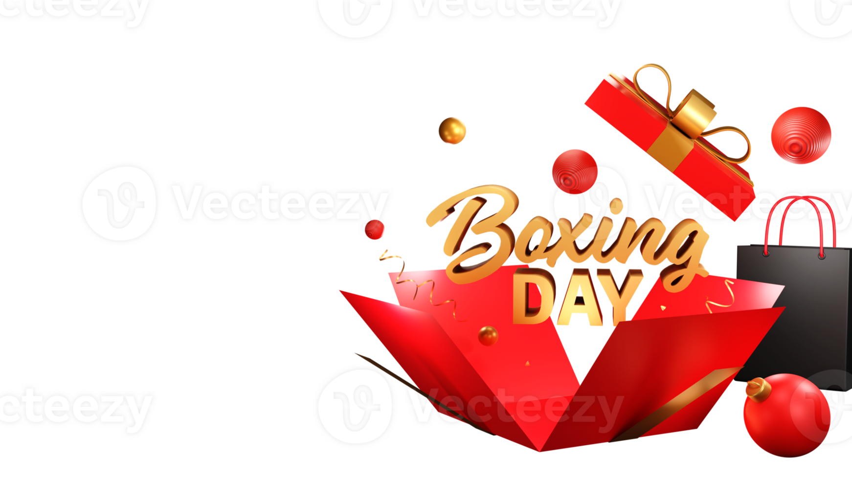 3D Render Golden Boxing Day Text With Surprise Gift Box, Balls And Shopping Bag. Advertising Banner Design. png