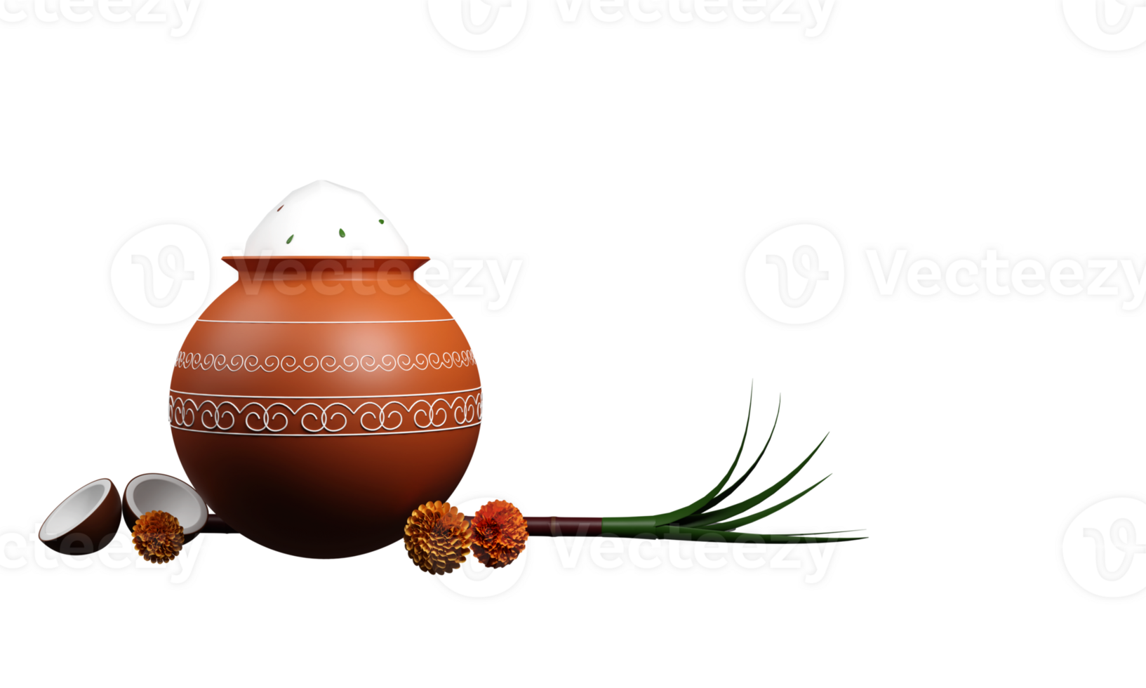 3D Illustration Of Pongal Dish Or Grain In Clay Pot With Marigold Flowers, Coconut, Sugarcane And Copy Space. png