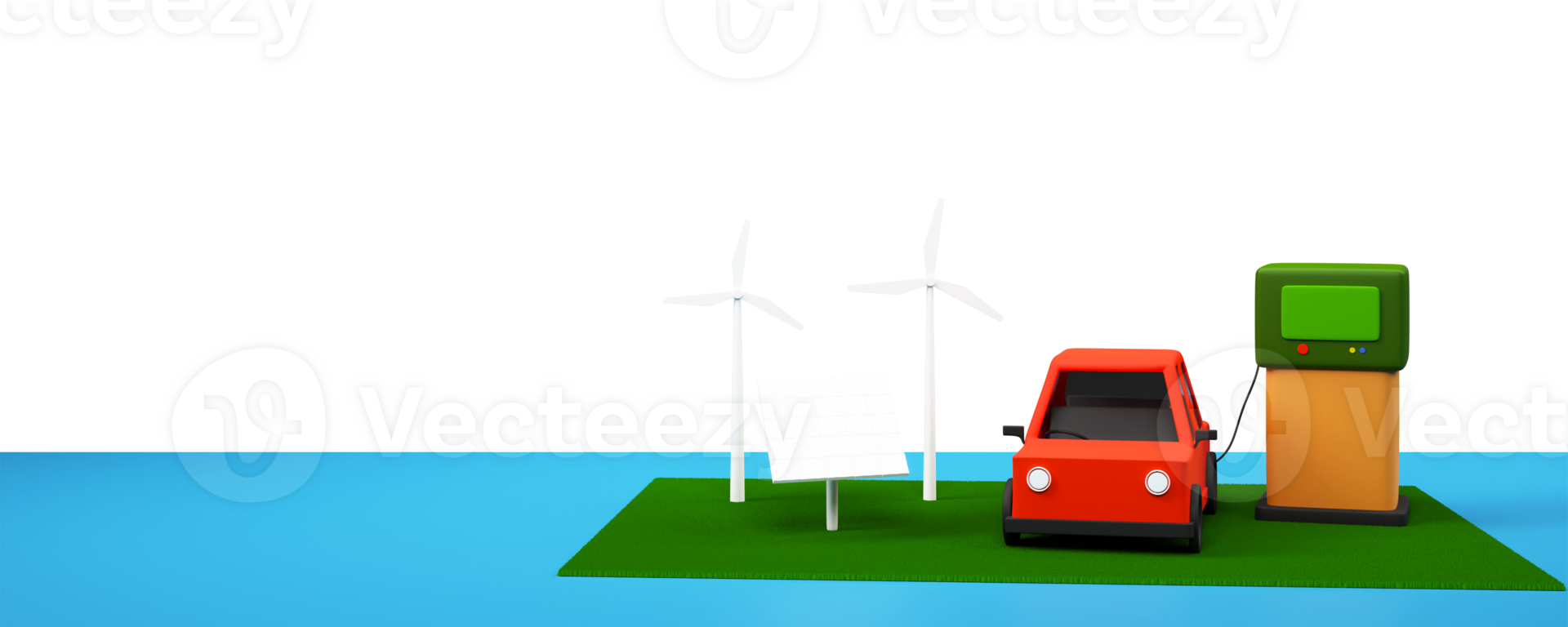 3D Electric Vehicle Charging In Station With Windmills And Solar Panel Against Background. png