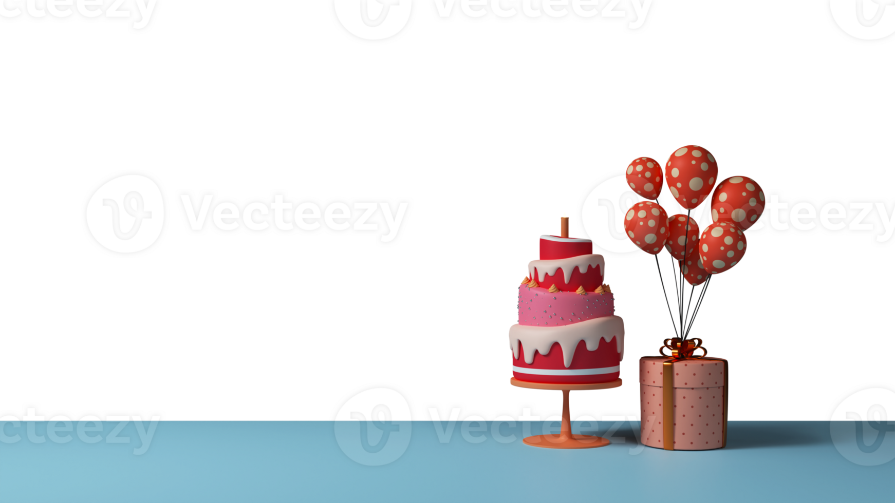 3D Layered Delicious Cake Over Table With Gift Box, Balloon Bunch And Copy Space. png
