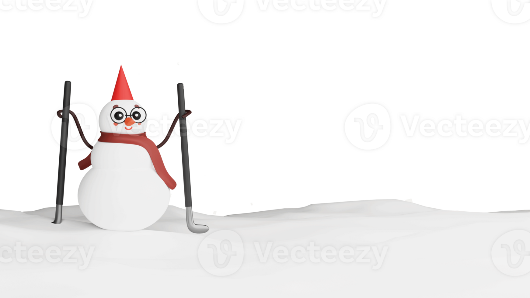 3D Render Of Snowman Holding Ice Hockey Sticks And Copy Space Against Snowy Background. png
