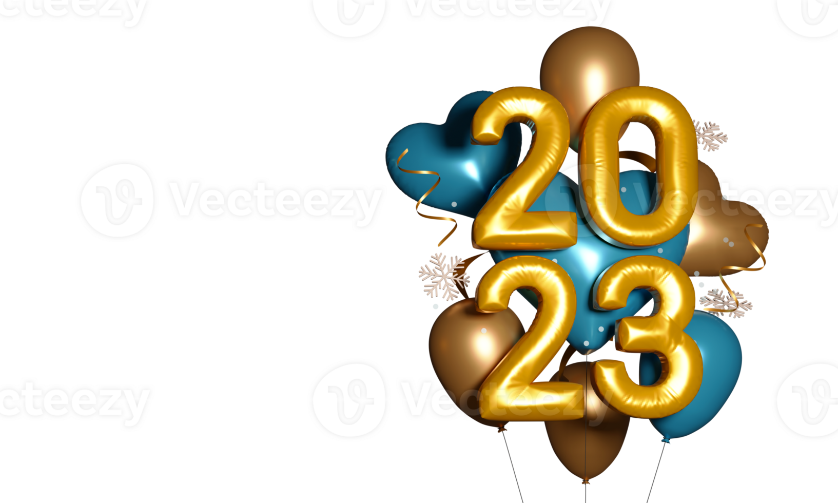 Golden Foil 2023 Number With Glossy Balloons, Snowflakes And Curl Ribbon Against Background. png