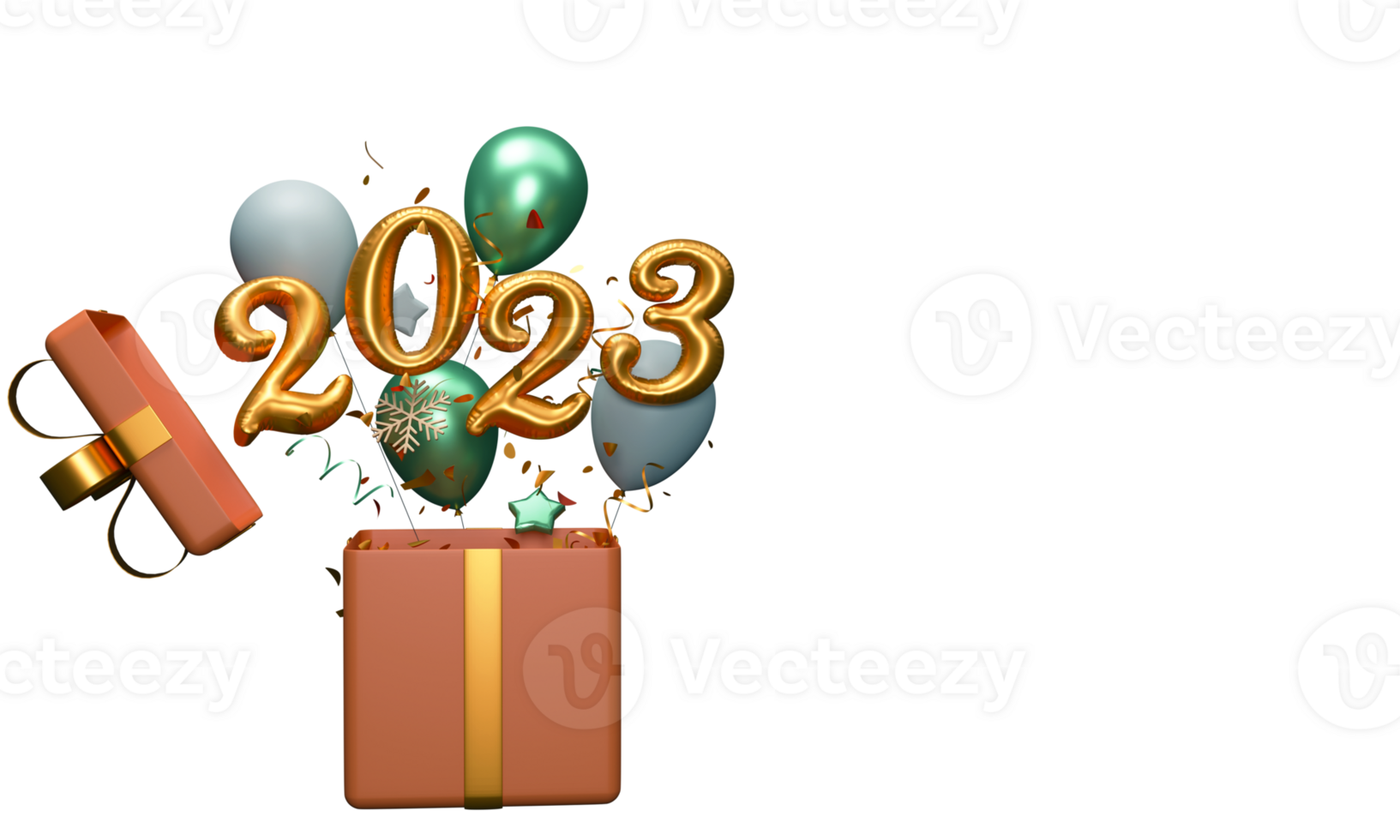 Golden Foil 2023 Number With Balloons, Confetti Coming Out Of 3D Gift Box Against Background. png