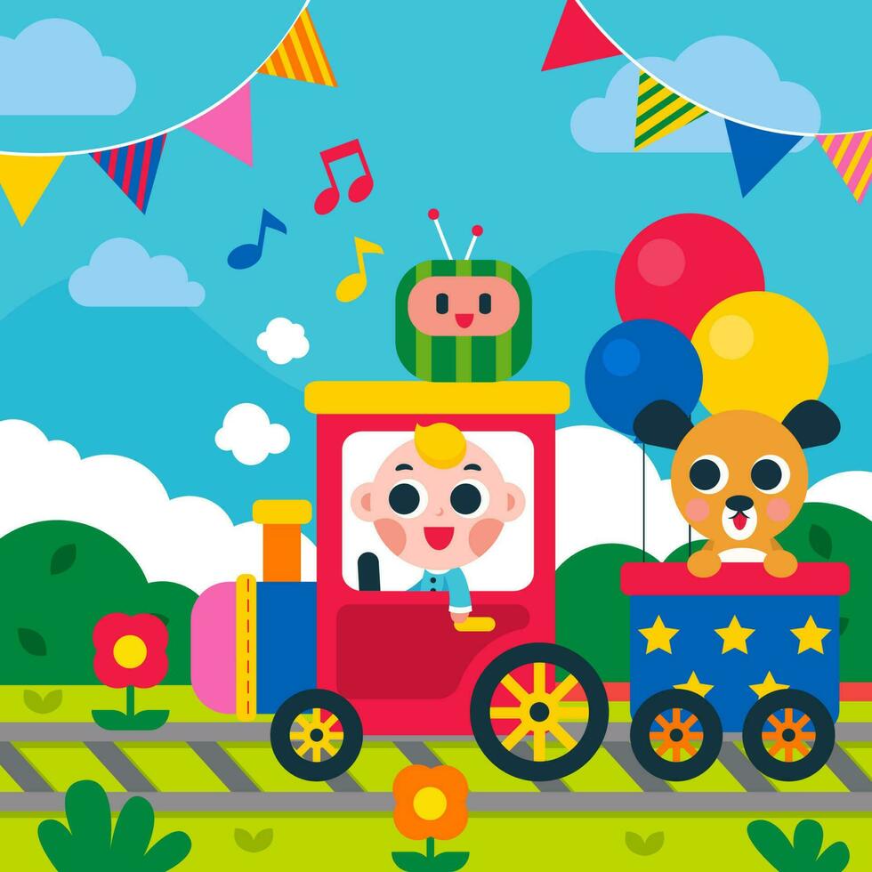 Baby and Friends Riding Train Design vector