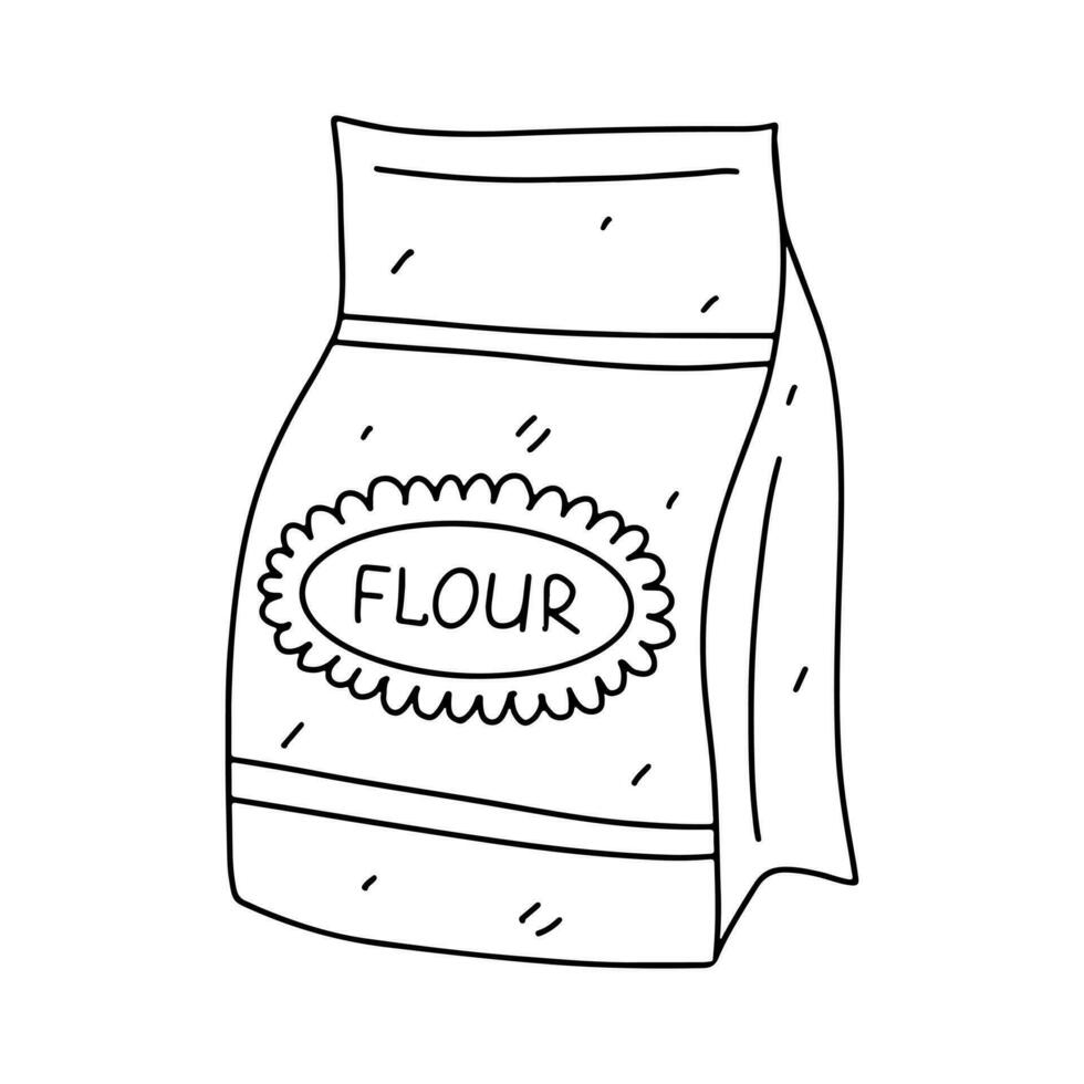 Paper bag with flour in hand drawn doodle style. Vector illustration isolated on white background. Coloring page.