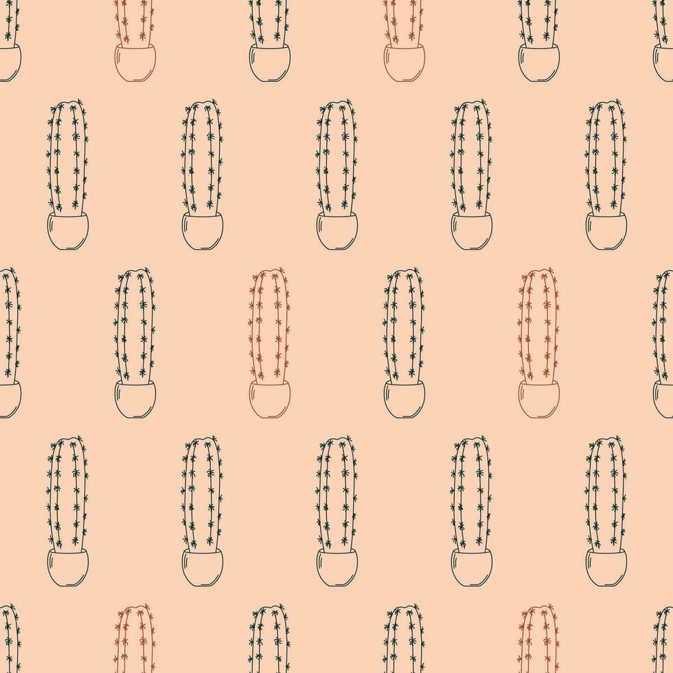 Seamless Pattern with Cacti In Pots Outline, Cereus Repandus vector