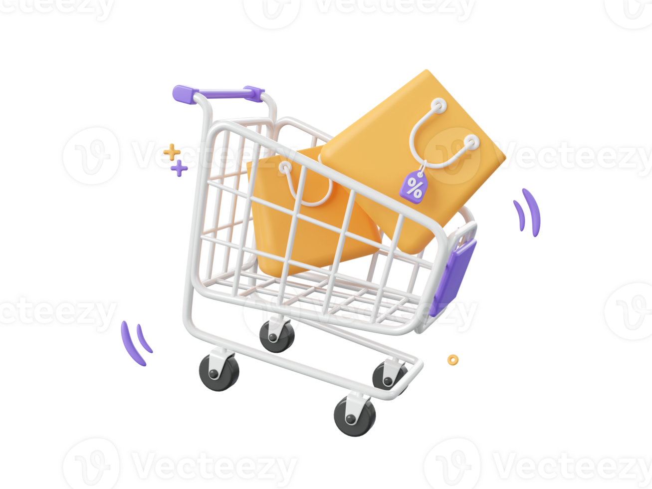 3d cartoon design illustration of Shopping cart and shopping bags with discount tag, Shopping online concept. png