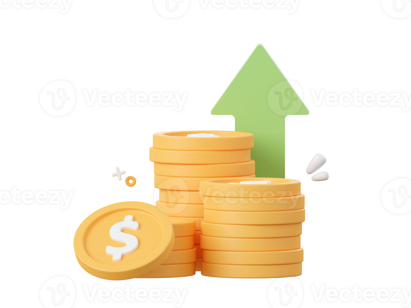 3d cartoon design illustration of Stack of dollar coin with arrow pointing up, Investment and money savings concept. png