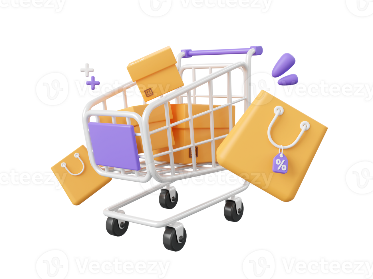 3d cartoon design illustration of Shopping cart with parcel box and shopping bags with discount tag, Shopping online concept. png