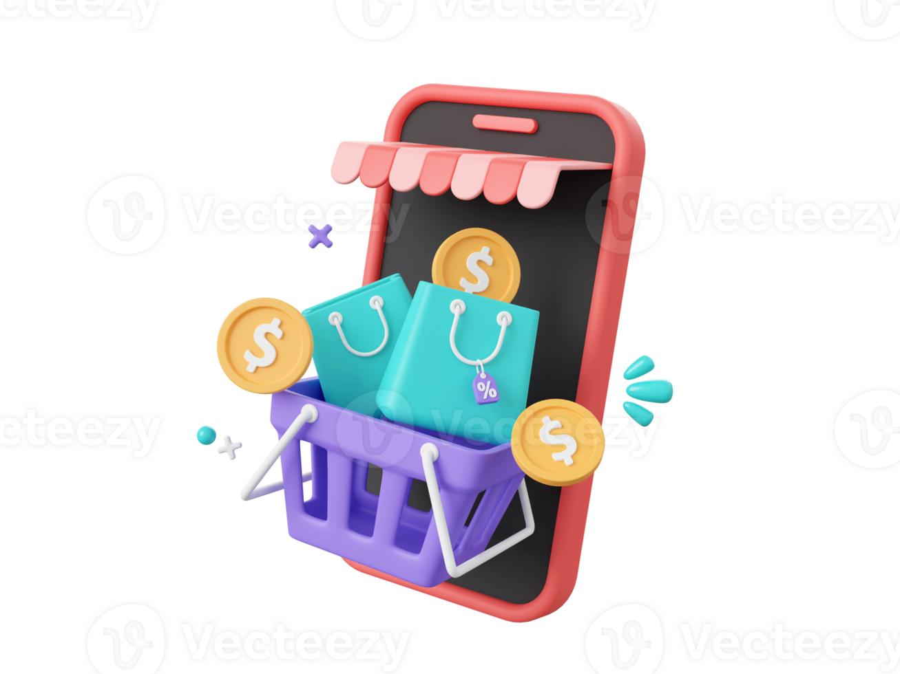 3d cartoon design illustration of Shop smartphone and shopping cart, shopping bags with discount tag, Shopping online on mobile concept. png