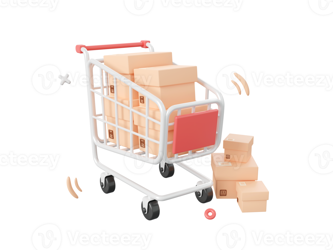 Shopping cart with parcel box, 3d cartoon icon isolated on pink background, 3d illustration. png