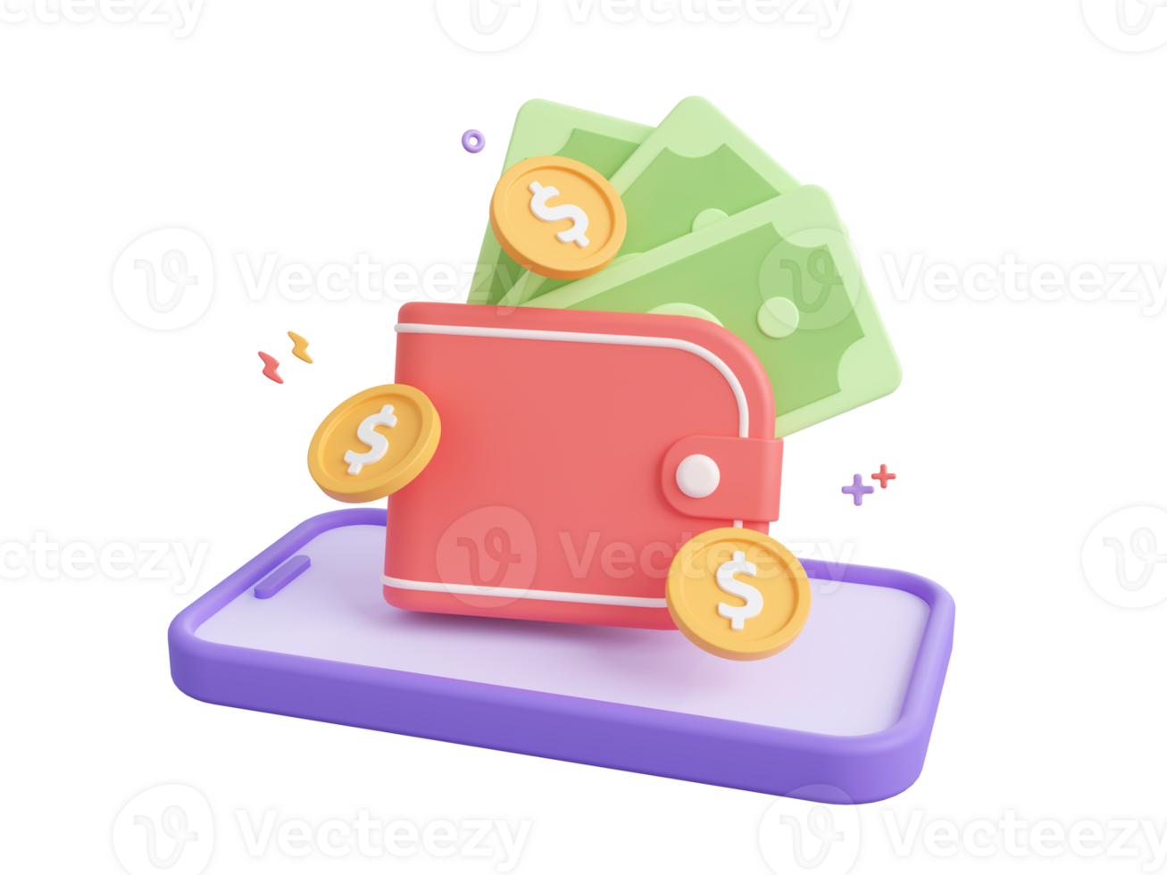 3d cartoon design illustration of Digital wallet and mobile banking application, Online payments, Transfer and saving money concept. png