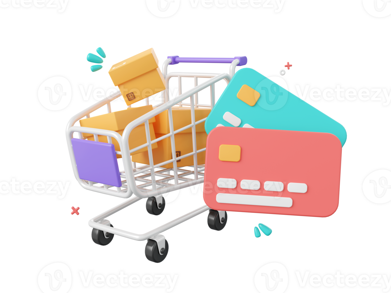 3d cartoon design illustration of Parcel boxes in shopping cart with credit cards, Shopping online and payments by credit card. png