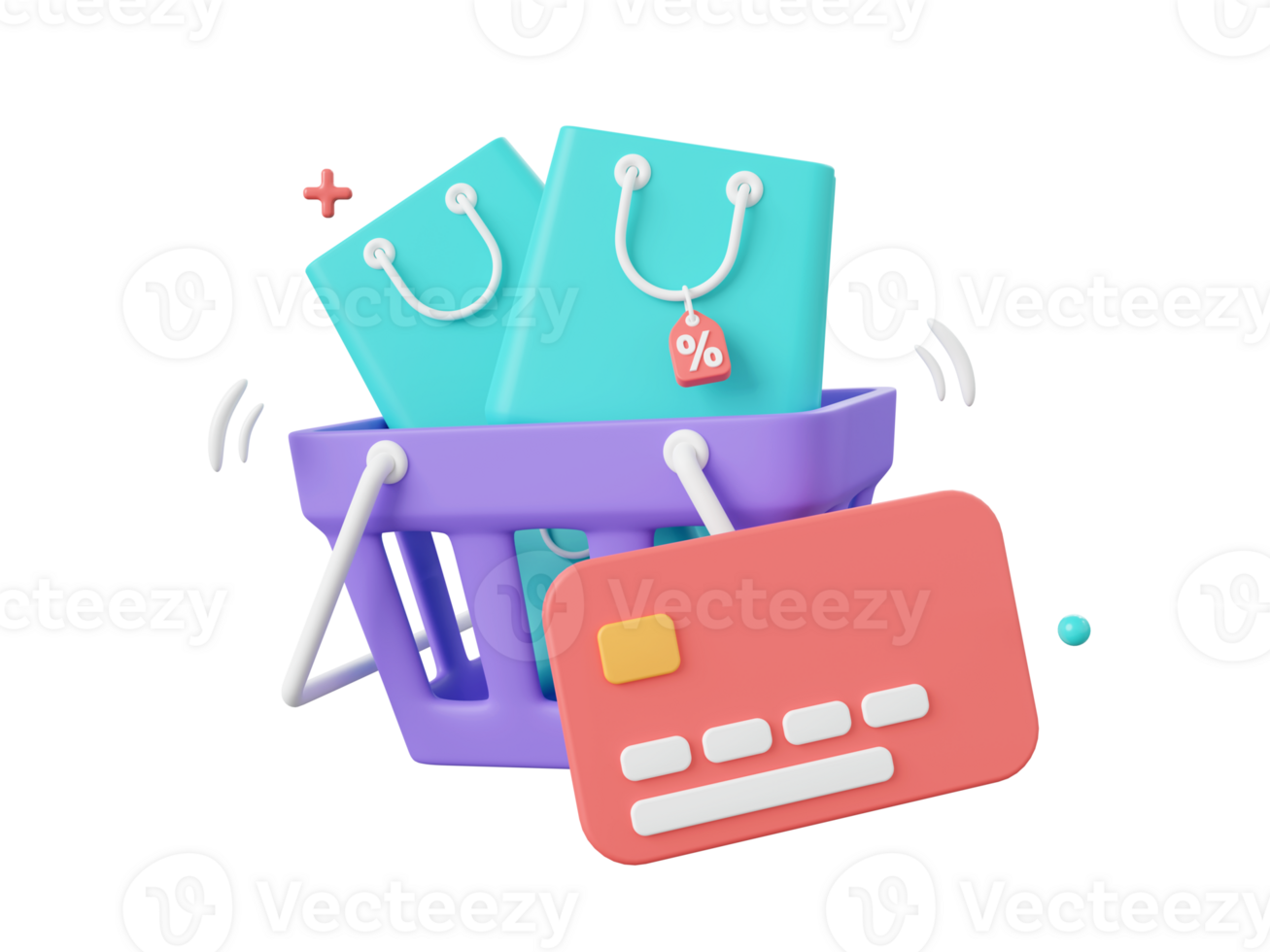 3d cartoon design illustration of Shopping cart and shopping bags with discount tag, Payments by credit card. png