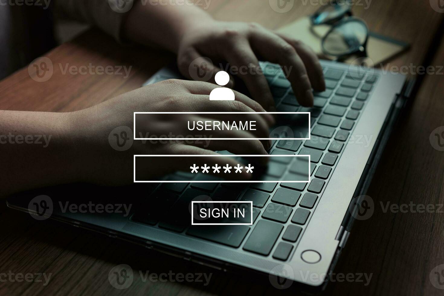 Woman using laptop with VR interface of secure access to user's personal information. Sign in or register with username and password. Cyber security and data protection. photo