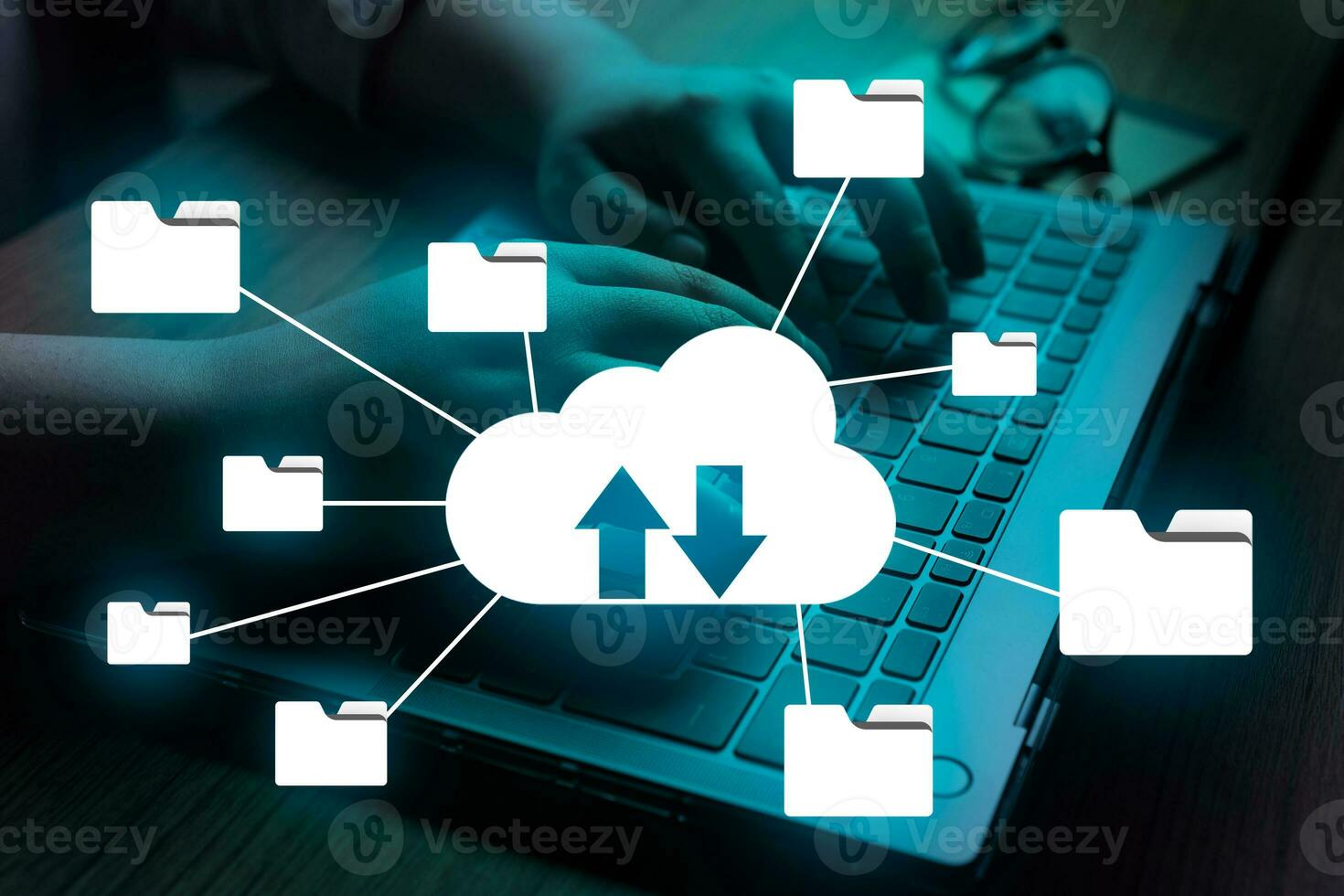 Woman using laptop with VR Cloud computing diagram interface. Data storage online. Networking and internet service concept. Backup Storage Data. photo