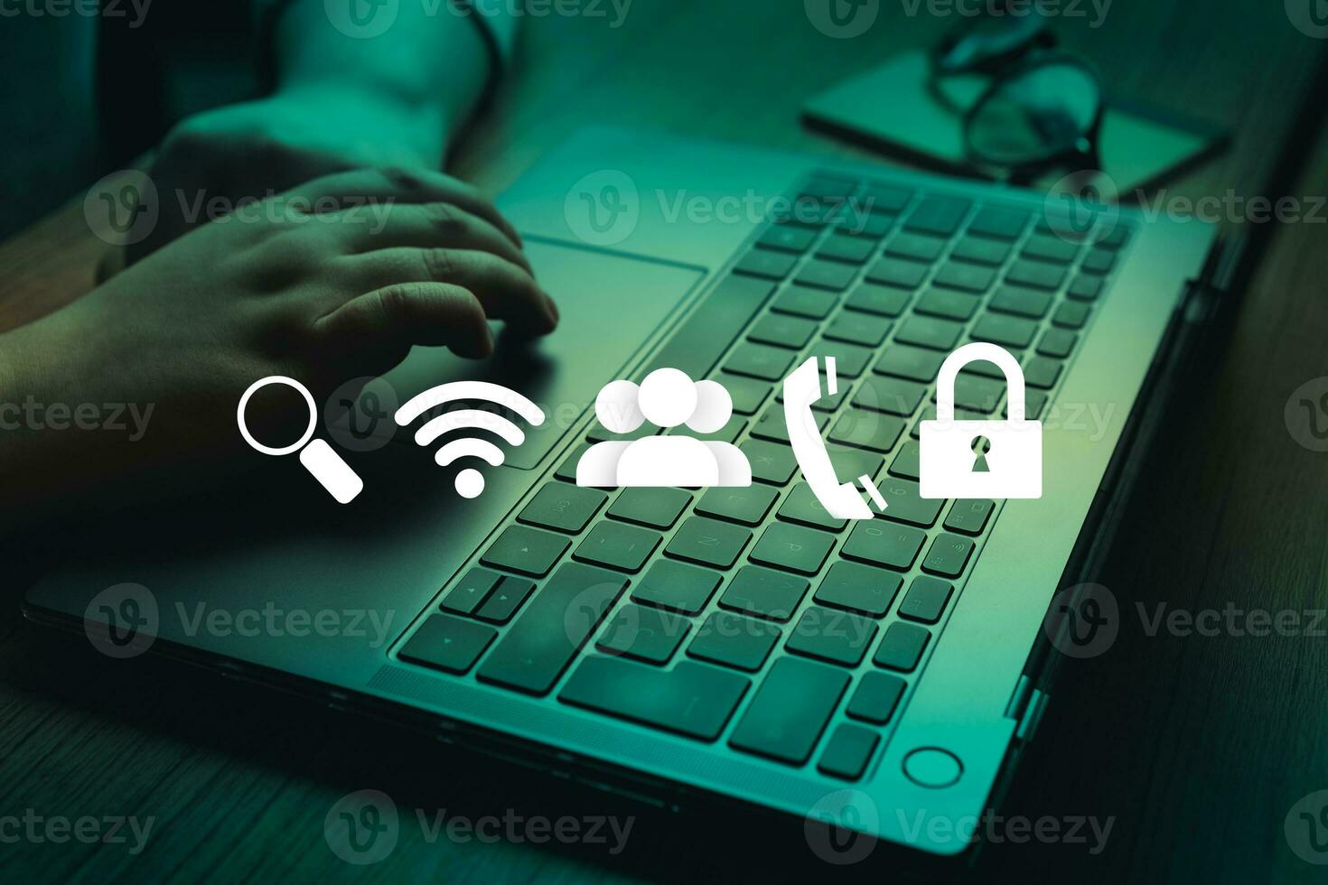 Woman using laptop with customer support interface and copy space. Internet of things. Customer support hotline people connect. Feedback, business and finance concept. photo