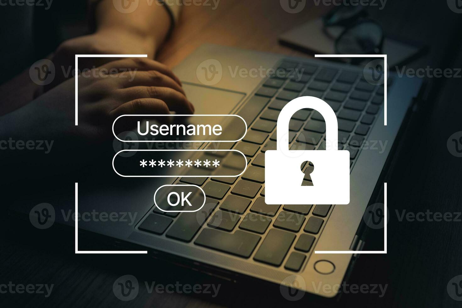 Woman using laptop with VR interface of secure access to user's personal information. Sign in or register with username and password. Cyber security and data protection. photo