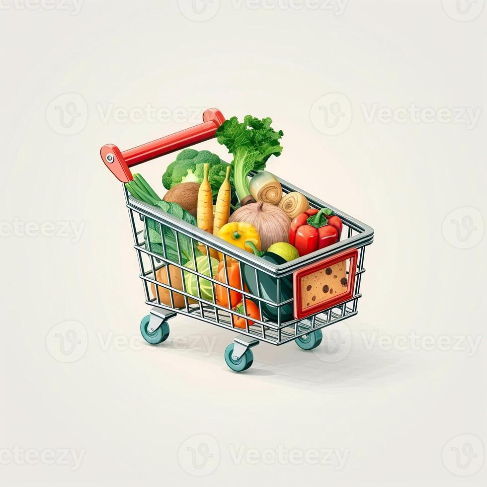 3D illustration of a shopping cart full of vegetables isolated on white background. Online shopping and delivery concept. . photo