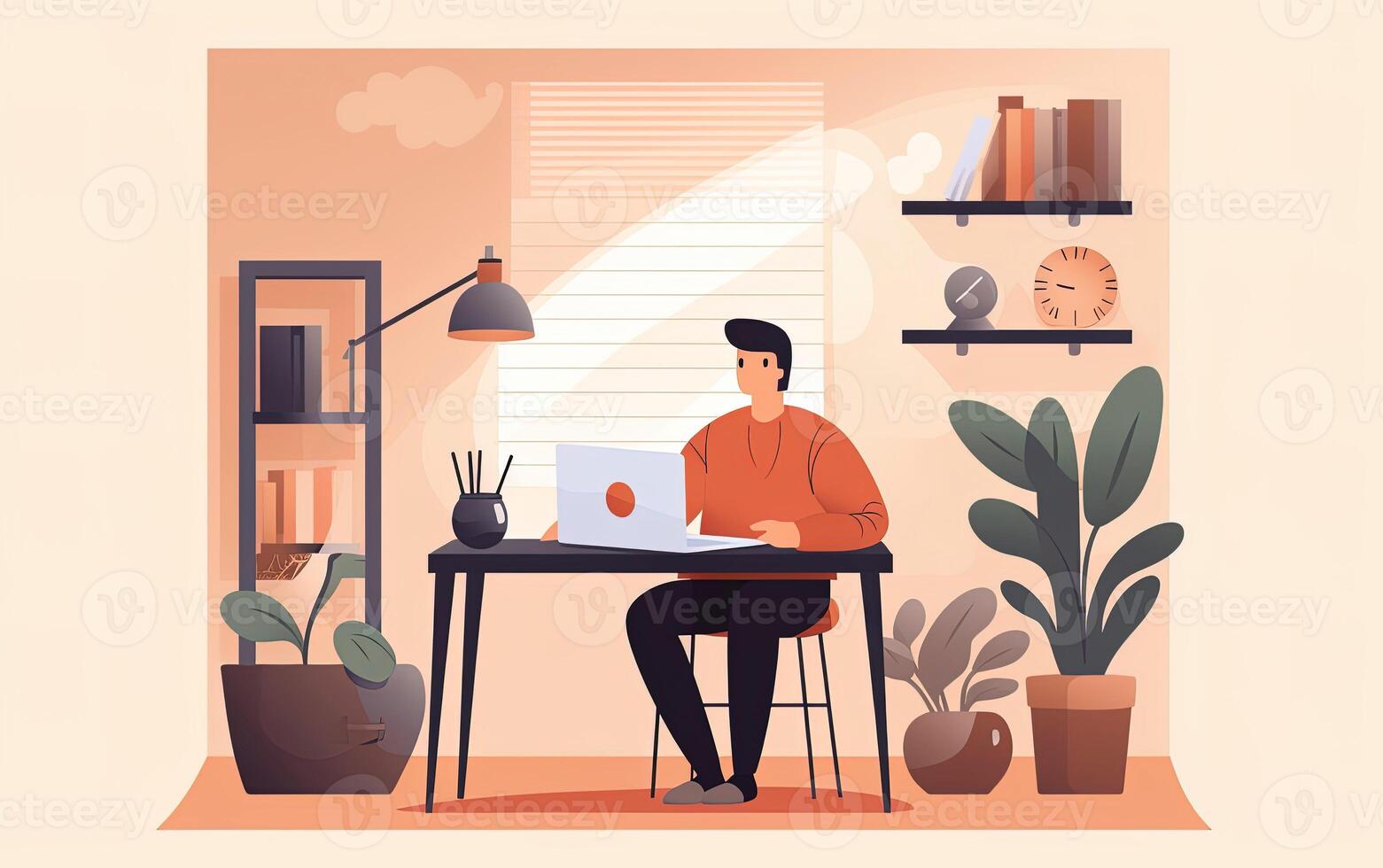 Flat illustration of man working from home. . photo