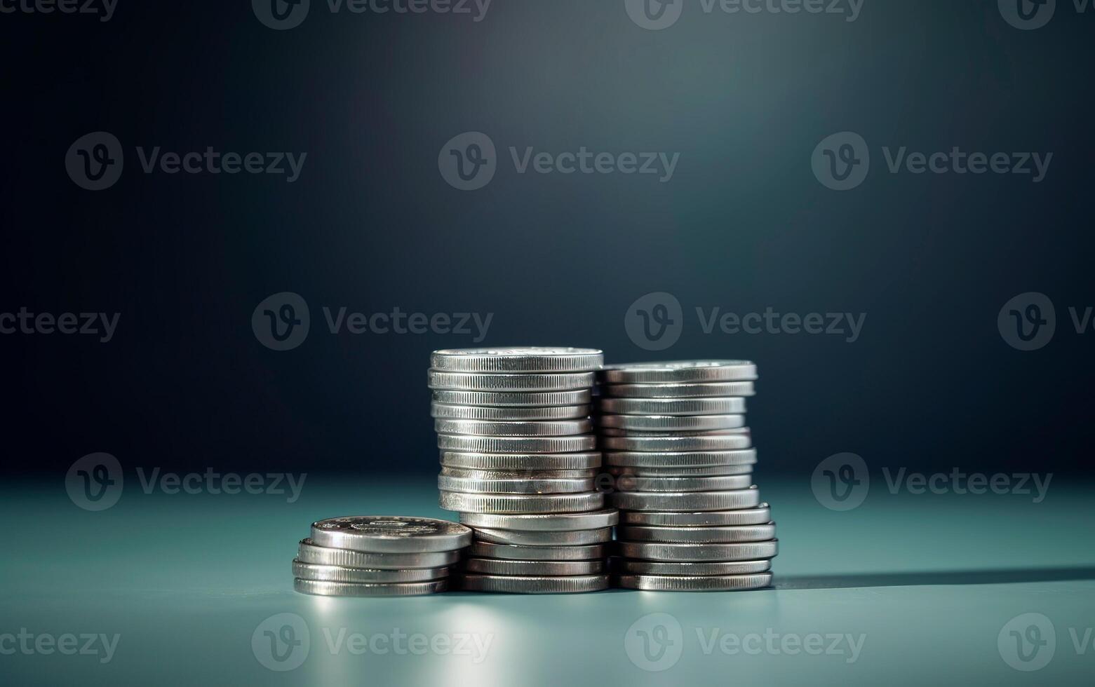 Stack of coins with blue background and copy space. . photo