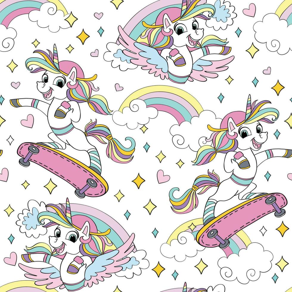 Seamless pattern with unicorn on a skateboard vector