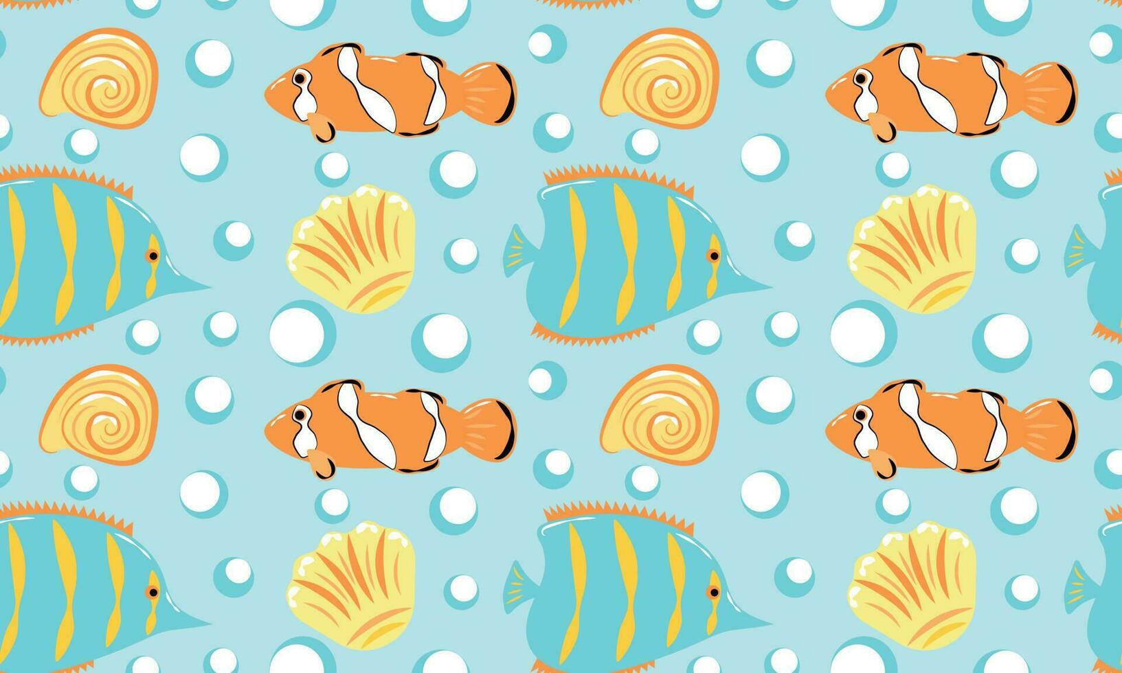 Seamless pattern with fish, shells and bubbles vector