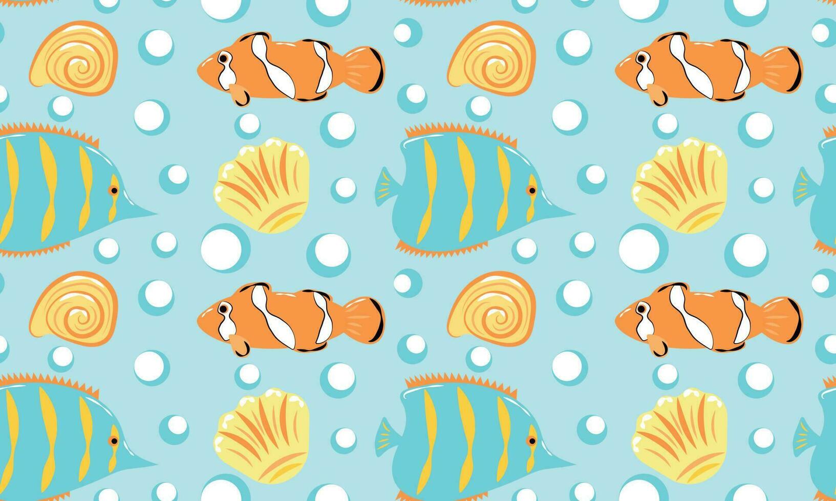 Seamless pattern with fish, shells and bubbles vector