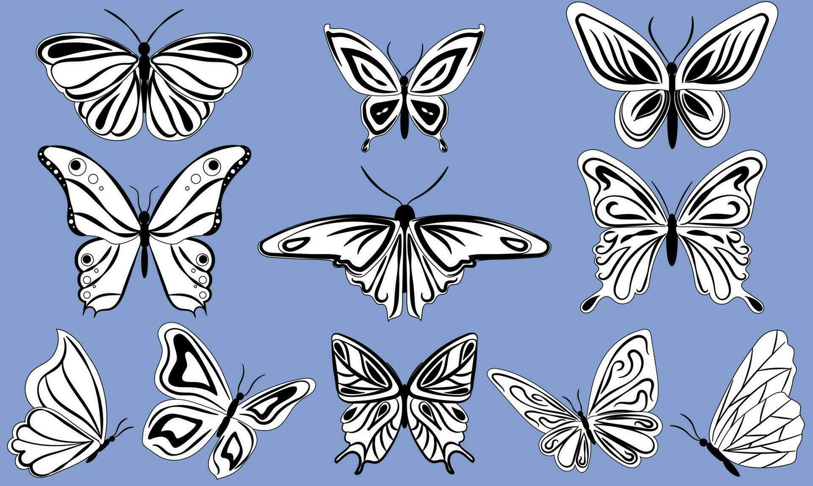 A set of beautiful black and white butterflies for design vector